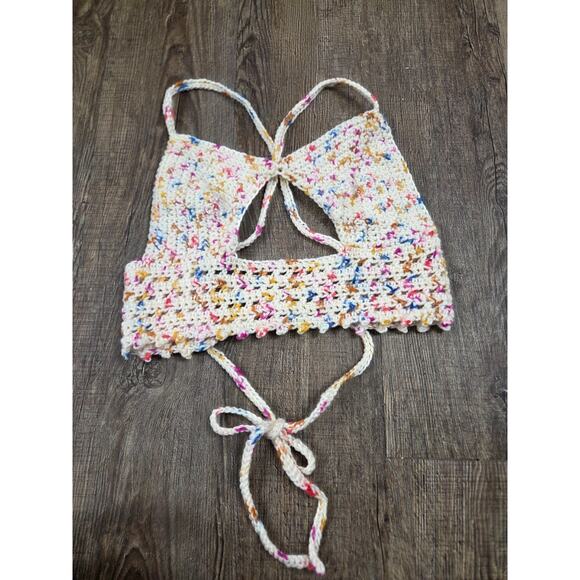 Handmade Tops - Handmade Crochet Women's Small Bralette Halter Cross Tie Back Top Ivory Pink Blu
